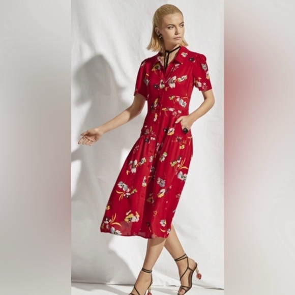 CAbi Red Floral Button-Up Midi Dress - Size L - Picture 4 of 7